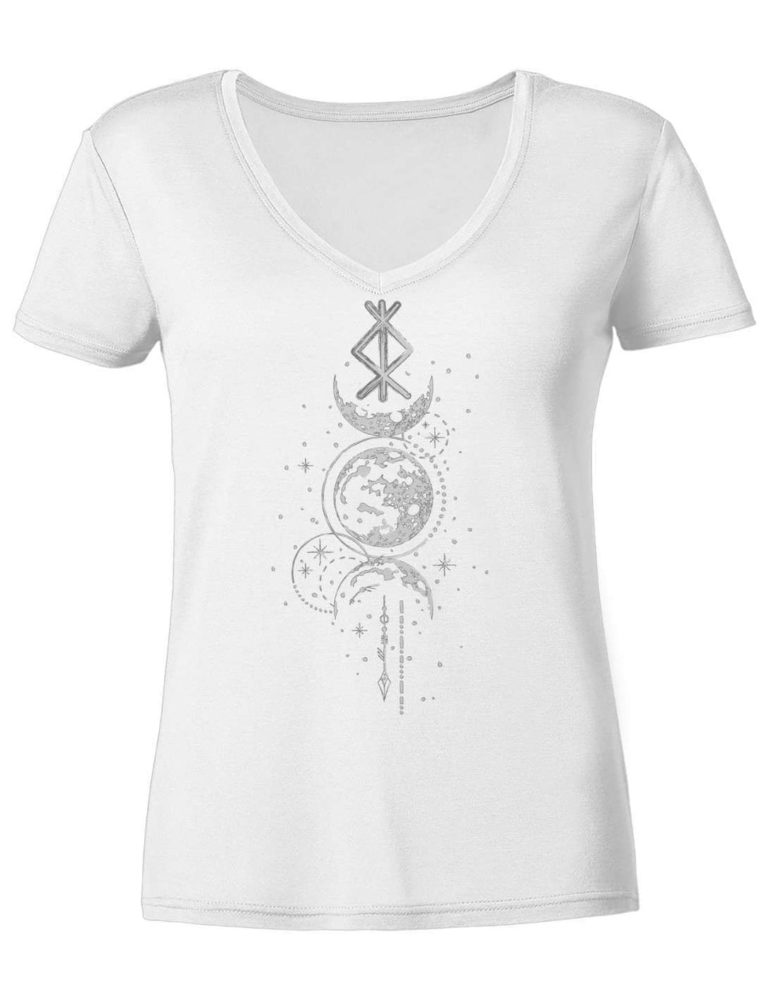 Weisses Damen V-Neck Shirt liegend, V-Ausschnitt und Druck im Detail