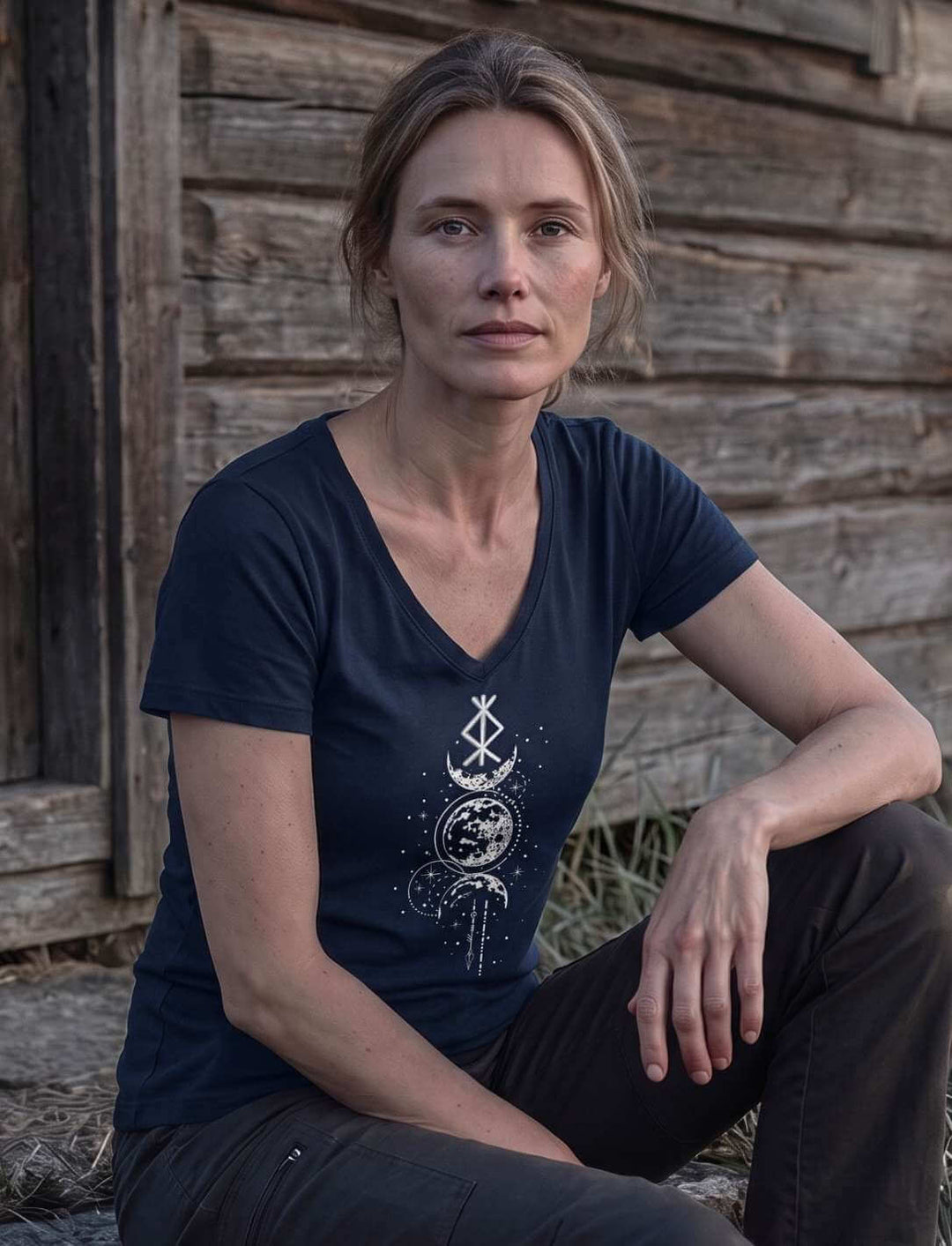 Frau sitzt in blauem V-Neck Shirt an einer Holzhauswand