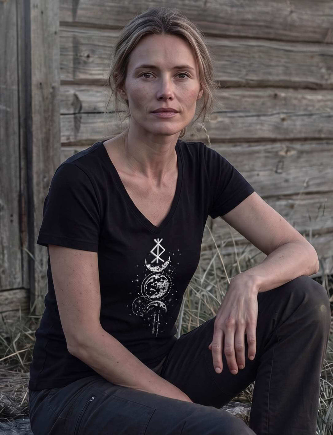 Frau sitzt in schwarzem V-Neck Shirt vor verwitterten Holzbrettern
