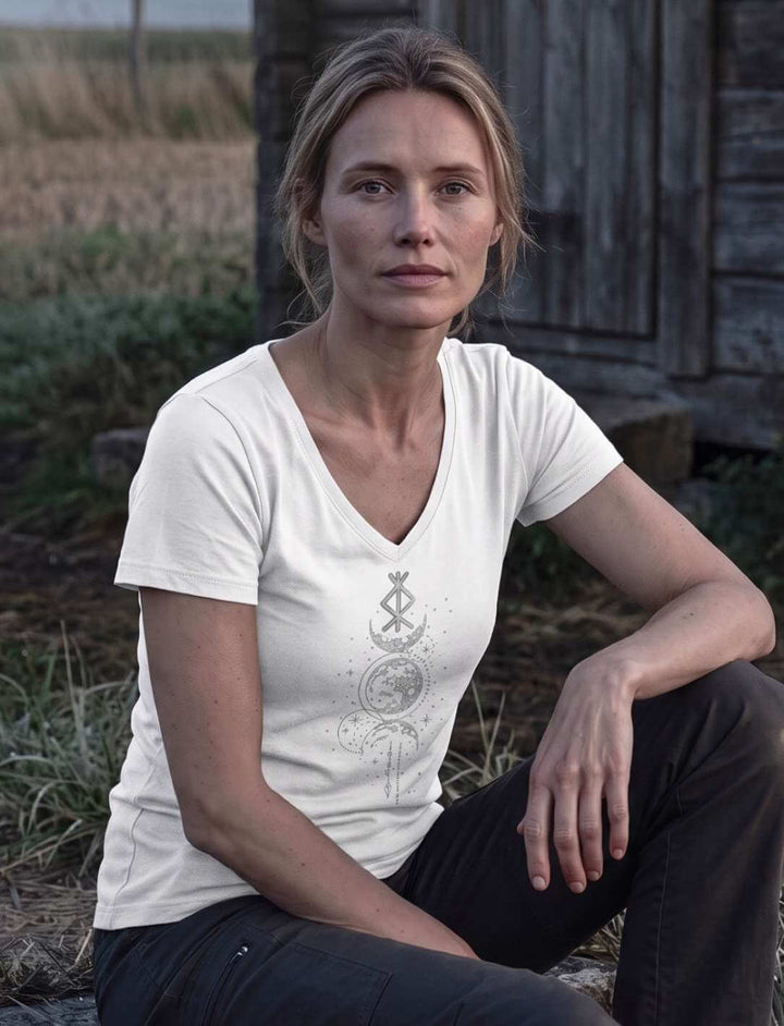 Frau sitzt in weissem V-Neck Shirt am Rand eines Feldes