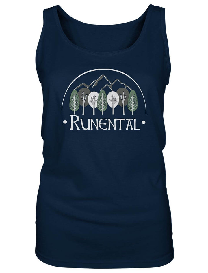 Navyblaues Damen Tank Top mit Baumreihe vor einer Bergkette