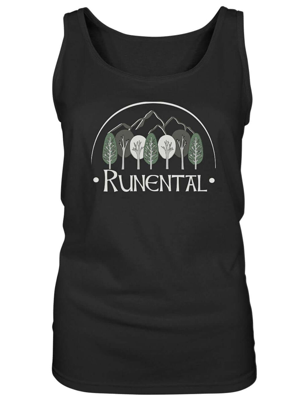 Schwarzes Damen Tank Top mit Bergen, Bogen und Baumreihe im Druck