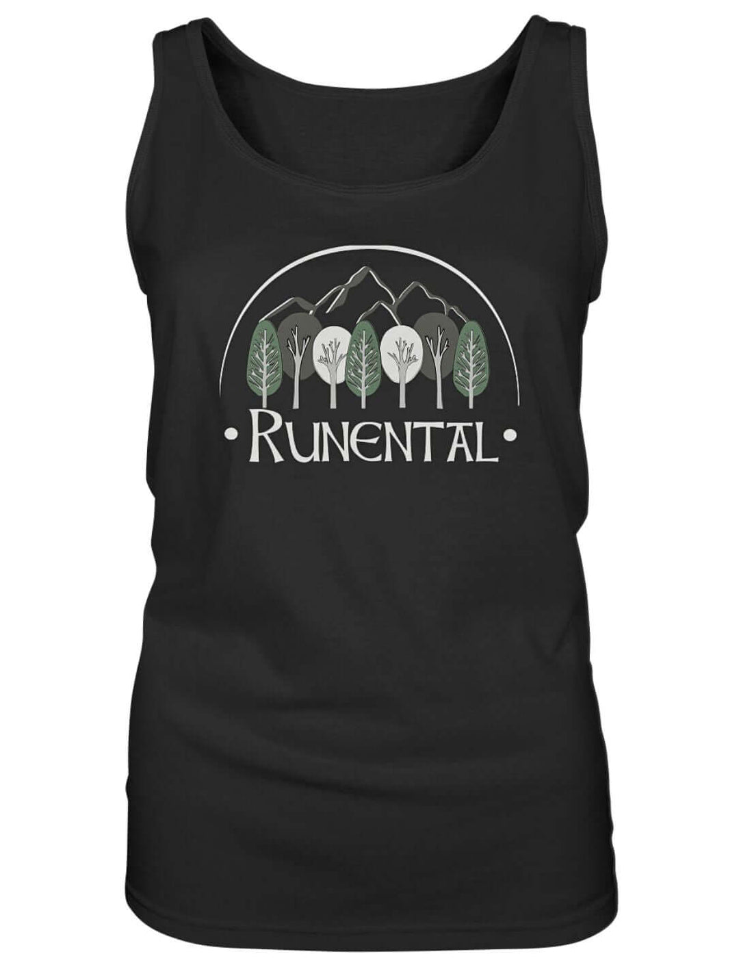 Schwarzes Damen Tank Top mit Bergen, Bogen und Baumreihe im Druck