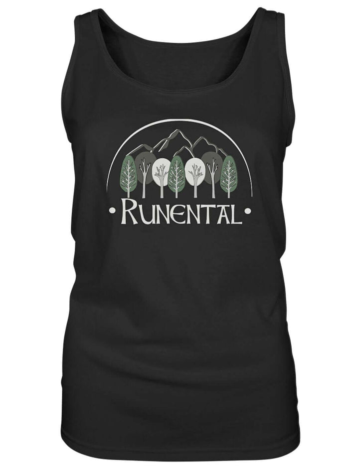 Schwarzes Damen Tank Top mit Bergen, Bogen und Baumreihe im Druck