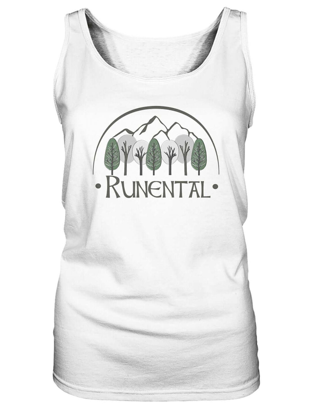 Weißes Damen Tank Top mit Wald und Bergkette unter einem Bogen