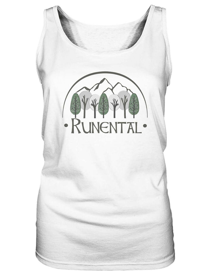 Weißes Damen Tank Top mit Wald und Bergkette unter einem Bogen