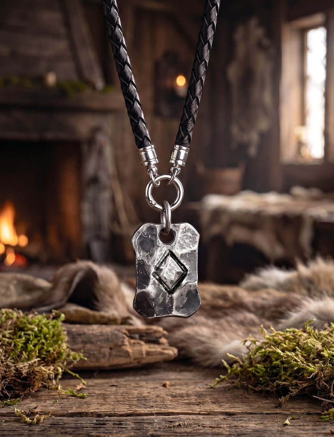 Geschmiedeter Anhänger mit der Rune des Ing an geflochtener Lederkette vor Kaminfeuer auf Fell und Moos