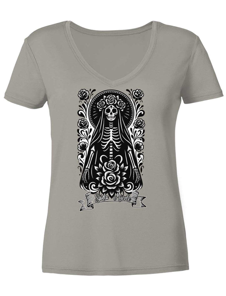 Damen V-Neck Shirt in Light Grey, Motiv mittig unter dem V-Ausschnitt