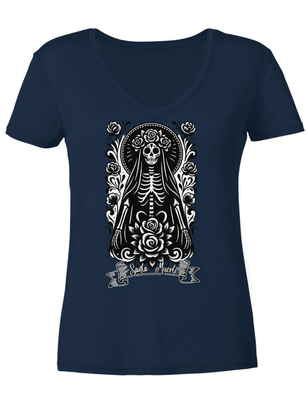 Damen V-Neck Shirt in Navy mit Santa Muerte und Rosen, flach liegend