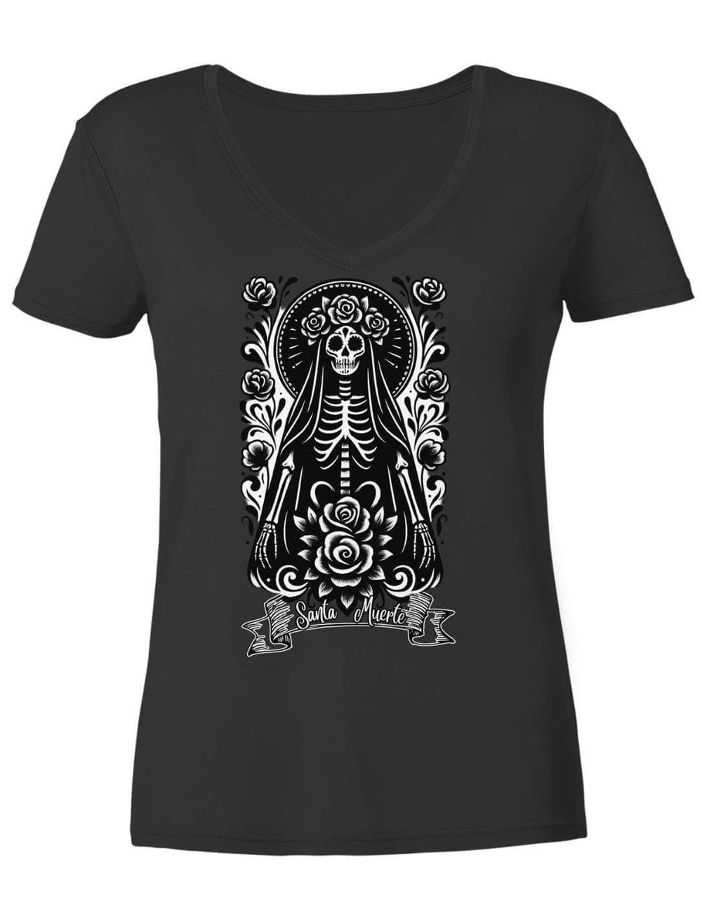 Damen V-Neck Shirt in Schwarz mit Santa Muerte Motiv, flach liegend von vorn