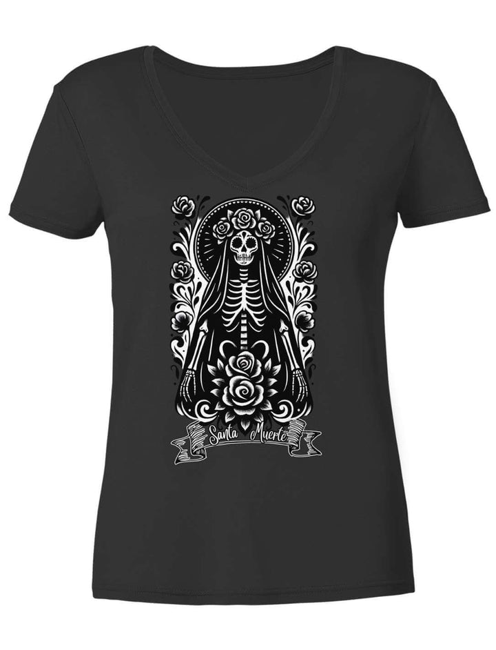 Damen V-Neck Shirt in Schwarz mit Santa Muerte Motiv, flach liegend von vorn