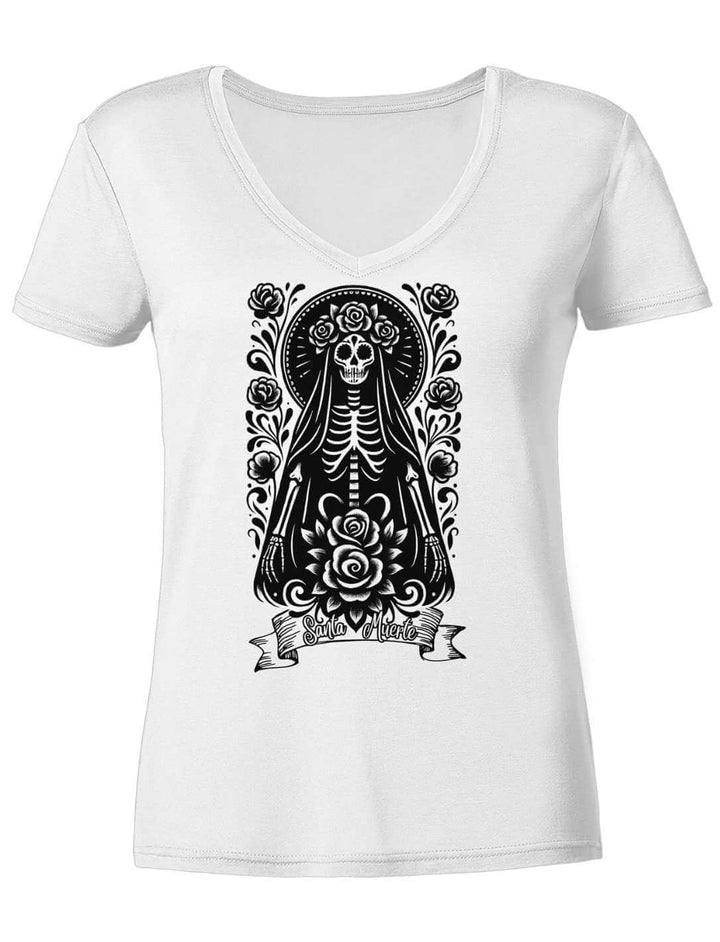 Damen V-Neck Shirt in Weiss mit Santa Muerte im Torbogen, Vorderansicht