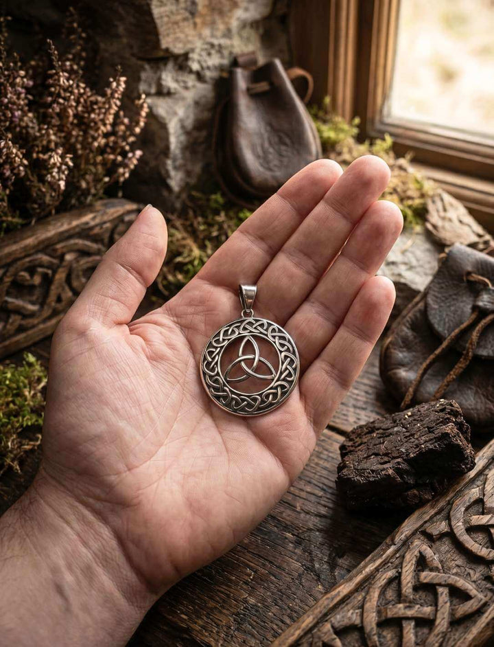 Keltischer Knoten Anhänger liegt in Handfläche – Triquetra und Flechtknoten-Kreis