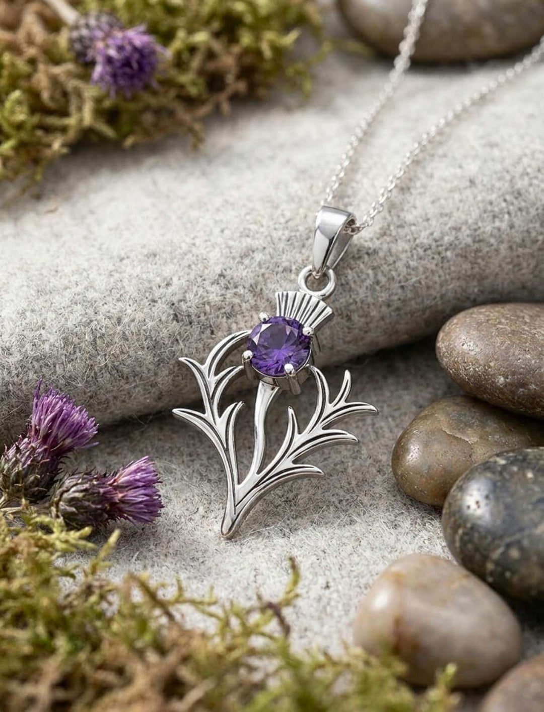 Schottische Distel Set Anhänger und Ohrhänger 925 Silber Amethyst