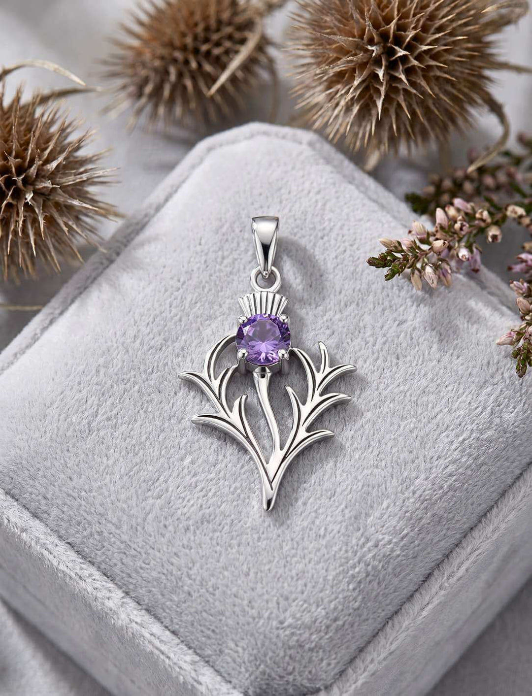 Schottische Distel Anhänger Amethyst 925 Silber in Schmuckbox