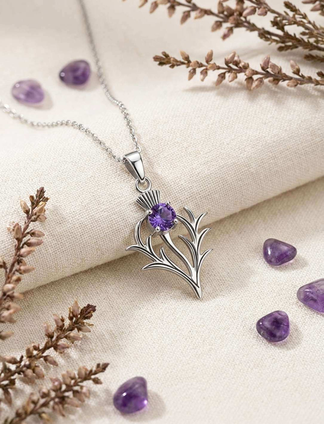 Distel Anhänger Silber Amethyst an Silberkette mit Edelsteinen