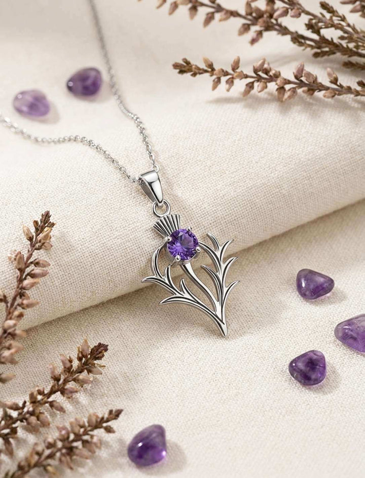Distel Anhänger Silber Amethyst an Silberkette mit Edelsteinen