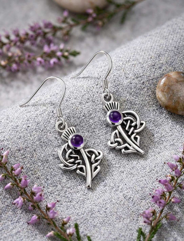 Schottische Distel Ohrhänger Paar 925 Sterling Silber mit Amethyst