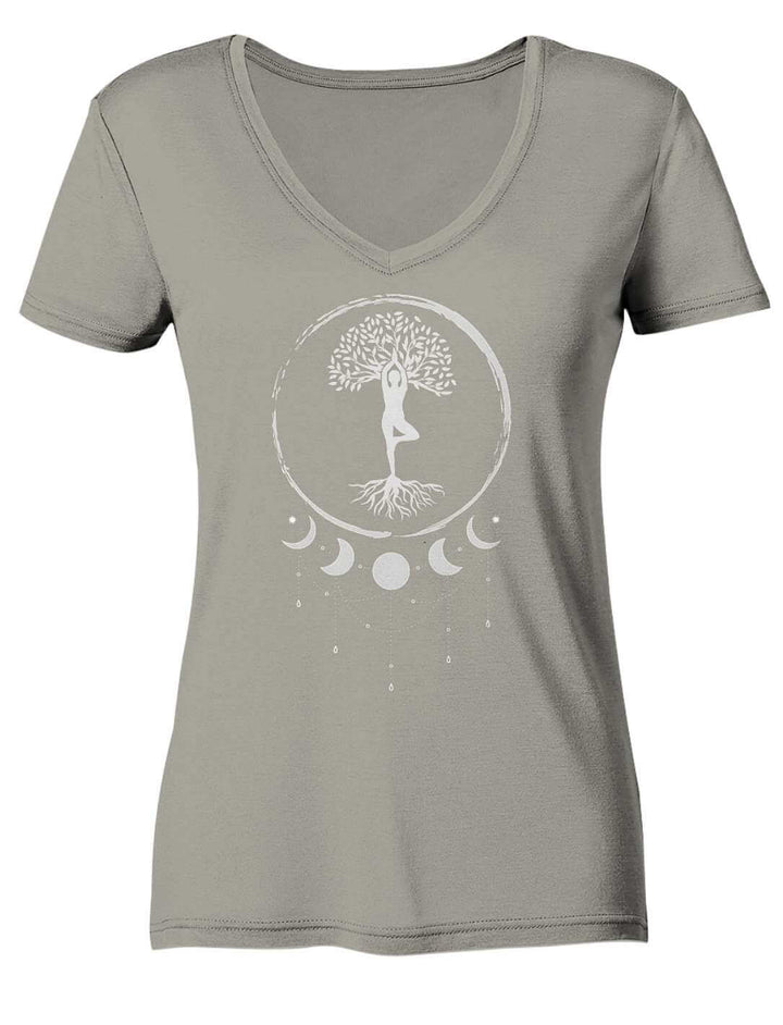 Hellgraues Damen V-Neck Shirt freigestellt, Wurzeln und hängende Monde