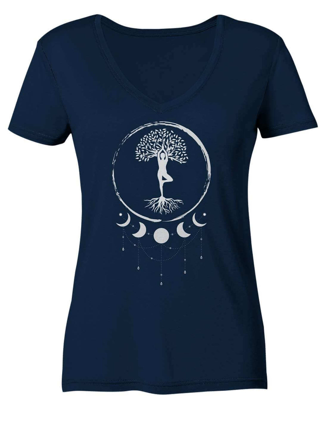 Dunkelblaues Damen V-Neck Shirt freigestellt mit silbergrauem Baummotiv