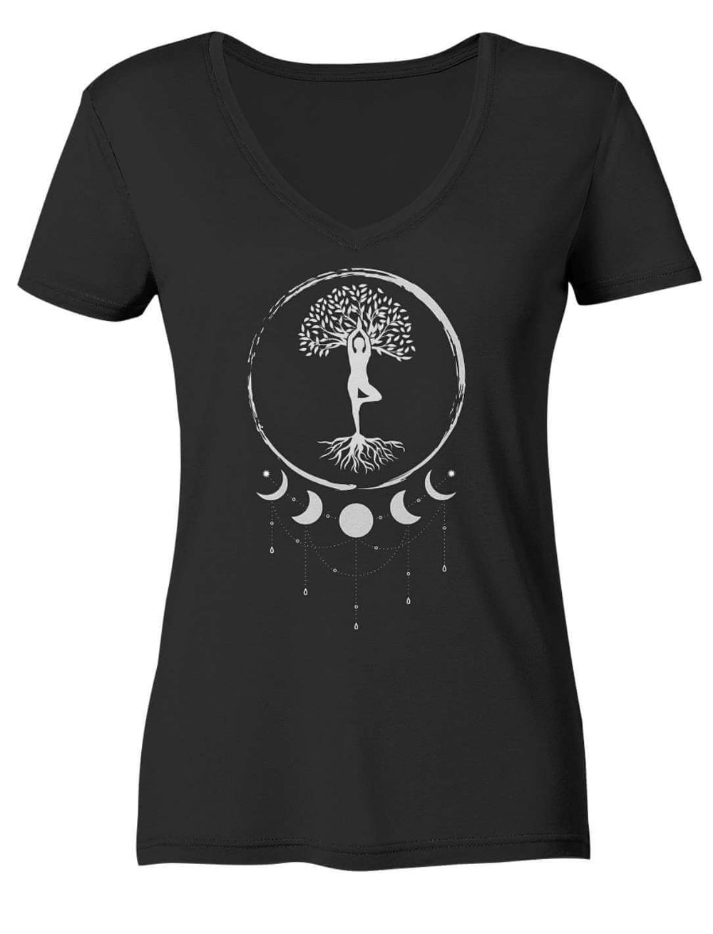 Schwarzes Damen V-Neck Shirt freigestellt, Baum im Kreis über den Mondsicheln