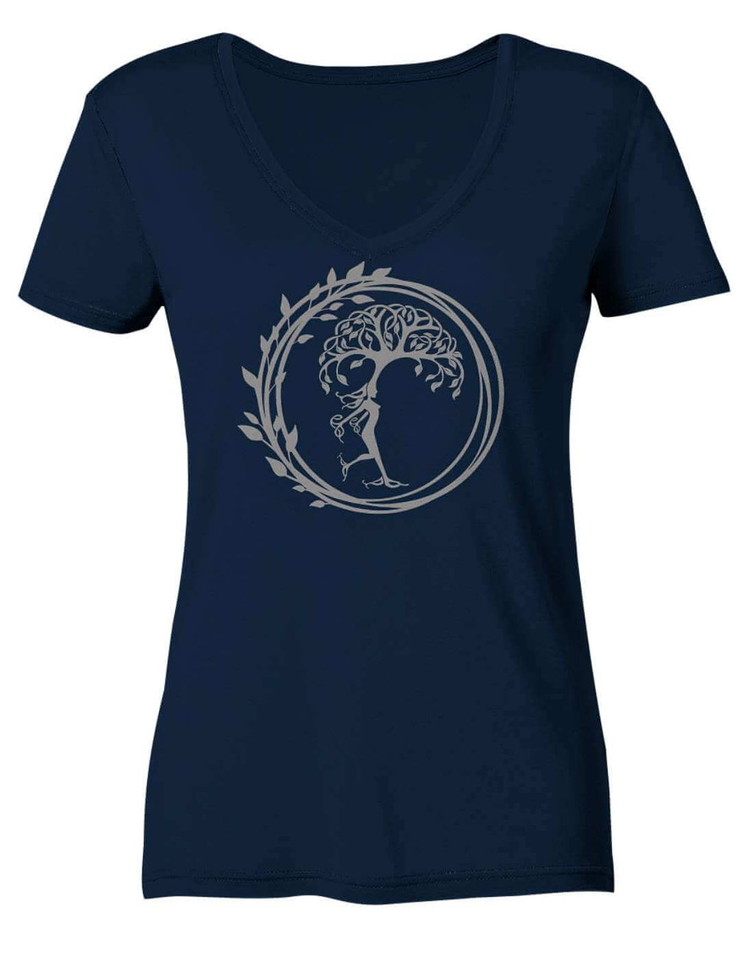 Dunkelblaues Damen V-Neck Shirt mit hellem Baum im geschlossenen Blätterkranz, Vorderansicht