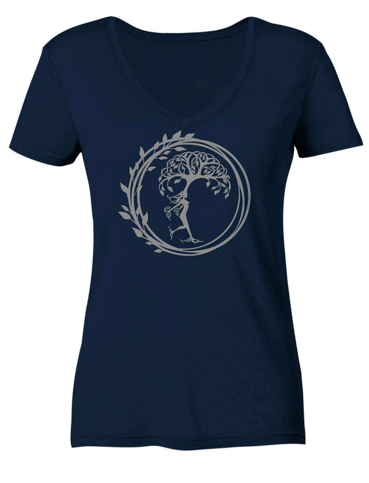 Dunkelblaues Damen V-Neck Shirt mit hellem Baum im geschlossenen Blätterkranz, Vorderansicht