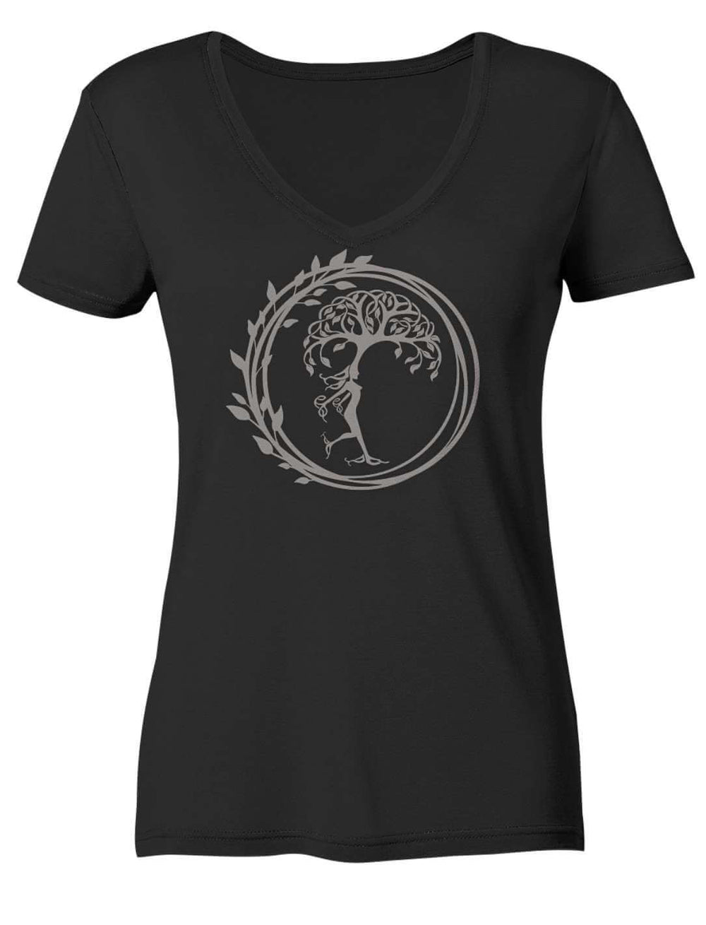 Schwarzes Damen V-Neck Shirt mit hellgrauem Baum im geschlossenen Blätterkranz, Vorderansicht