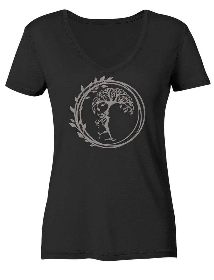 Schwarzes Damen V-Neck Shirt mit hellgrauem Baum im geschlossenen Blätterkranz, Vorderansicht