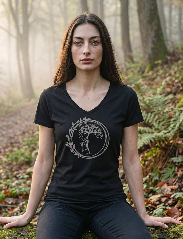 Sitzende Frau in schwarzem Shirt auf einem Waldweg, Lebensbaum im Blätterkranz gut sichtbar