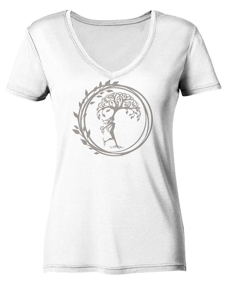Weisses Damen V-Neck Shirt mit grauem Lebensbaum im Blätterkranz, Vorderansicht