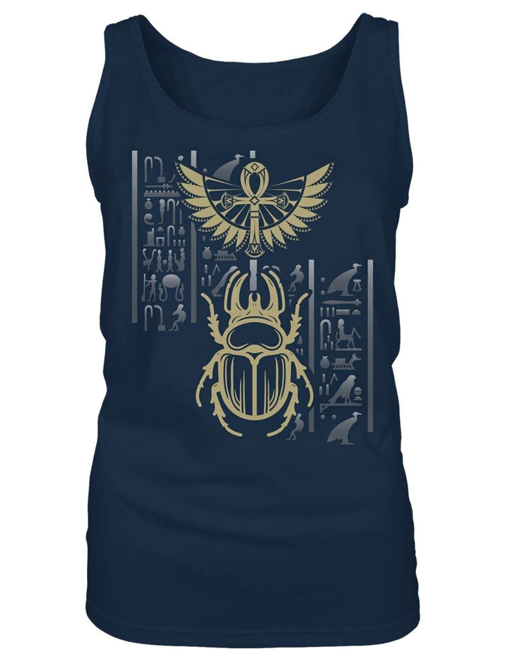Dunkelblaues Damen Tank Top flach liegend mit Hieroglyphen-Spalten