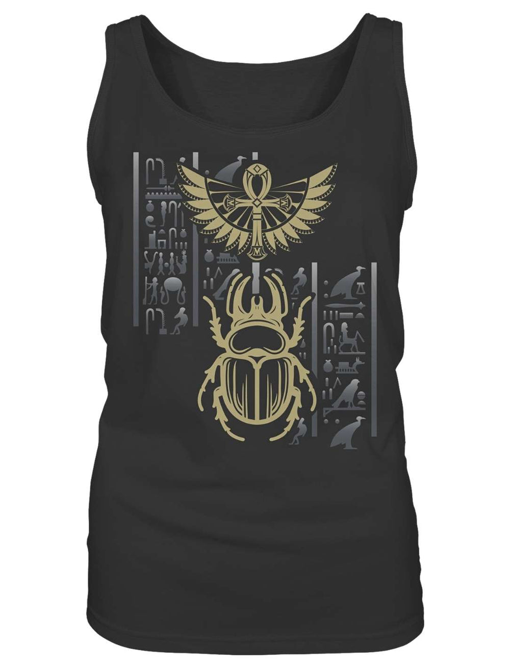 Schwarzes Damen Tank Top flach ausgelegt, goldener Skarabäus-Druck mittig