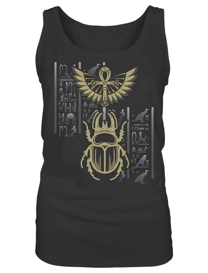 Schwarzes Damen Tank Top flach ausgelegt, goldener Skarabäus-Druck mittig