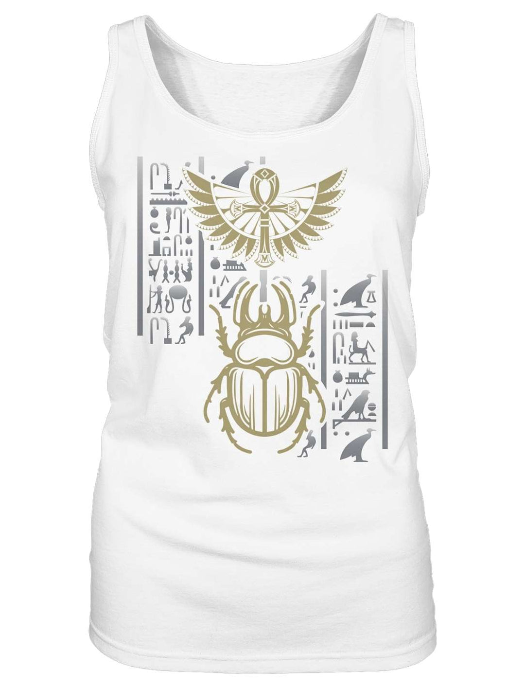 Weißes Damen Tank Top von oben fotografiert, Ankh und Käfer in Gold
