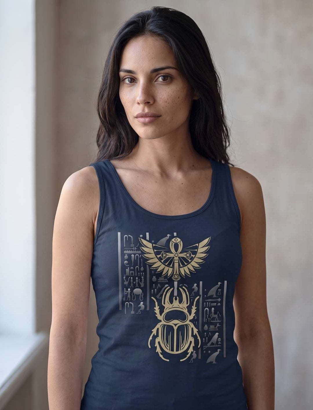 Damen Tank Top in Navy mit ägyptischem Skarabäus und Hieroglyphen, Vorderansicht
