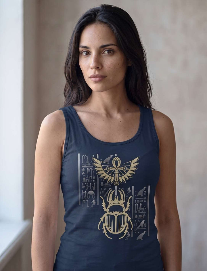Damen Tank Top in Navy mit ägyptischem Skarabäus und Hieroglyphen, Vorderansicht