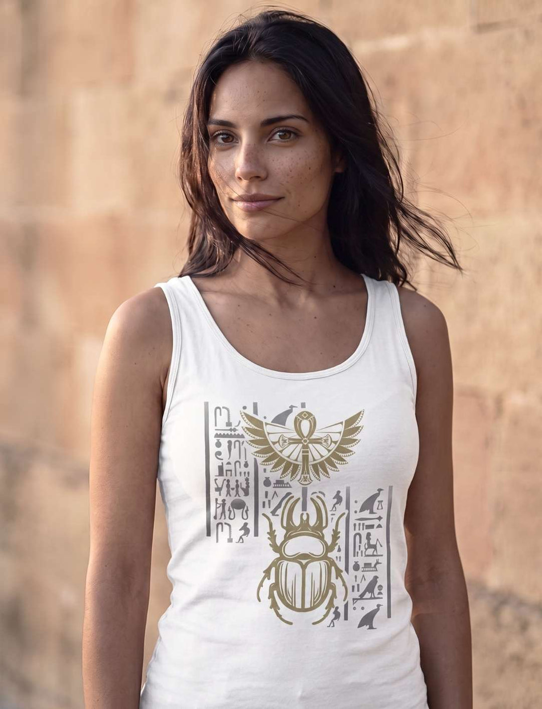 Ärmelloses Damen Tank Top in Weiß mit geflügeltem Ankh über goldenem Skarabäus