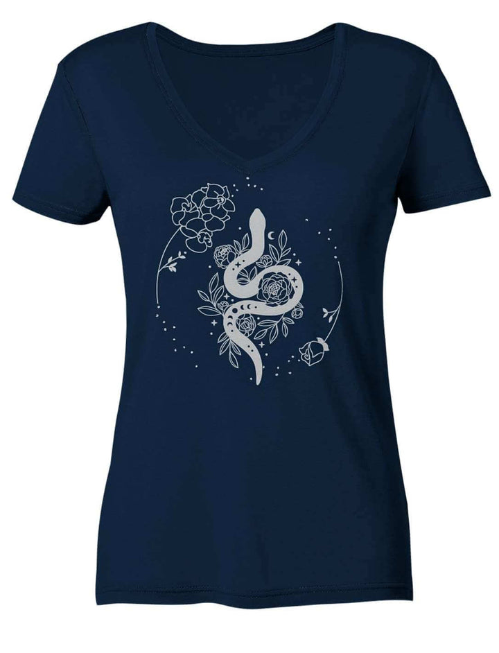Damen V-Neck Shirt in Navy, Schlangenmotiv in feiner Linienzeichnung