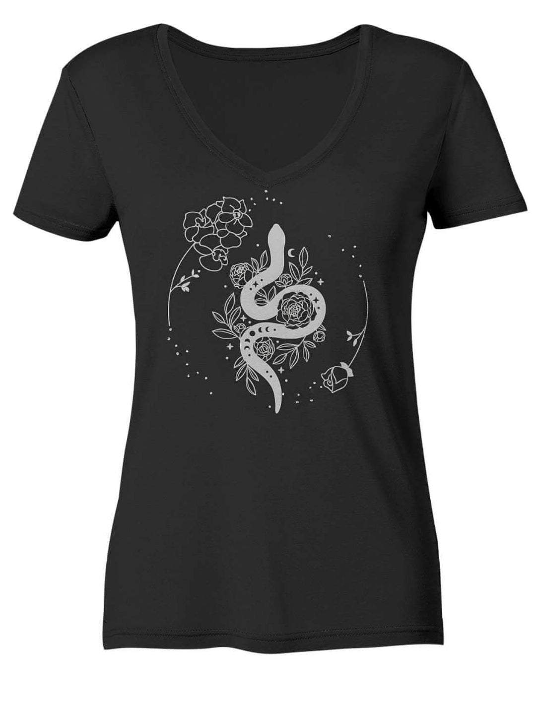 Snake of Wisdom Damen V-Neck Shirt in Schwarz mit Schlange, Blüten und Mondsicheln