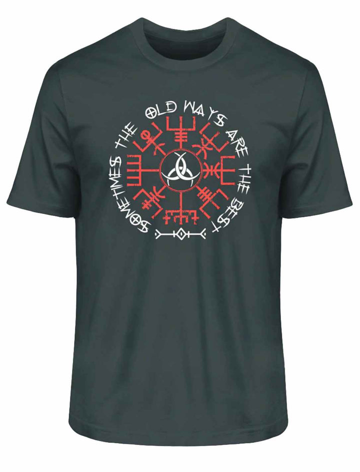 India Ink Grey "Sometimes the Old Ways"-T-Shirt mit magischen nordischen und keltischen Symbolen Vegvisir und Triquetra, die für Wegweiser und ewigen Kreislauf stehen