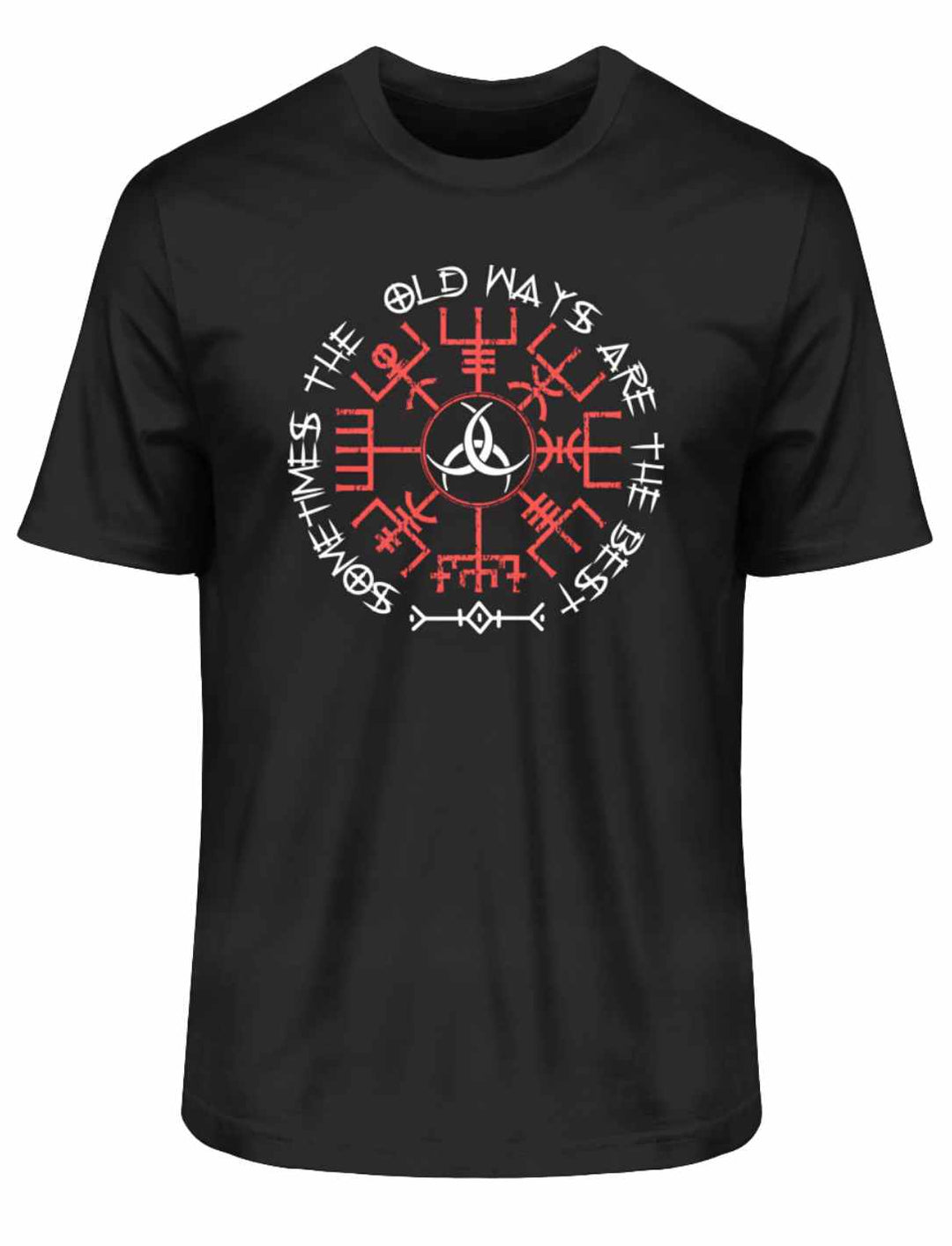 Schwarzes "Sometimes the Old Ways"-T-Shirt mit kraftvollen nordischen und keltischen Symbolen Vegvisir und Triquetra, die altes Wissen und Schutz repräsentieren.