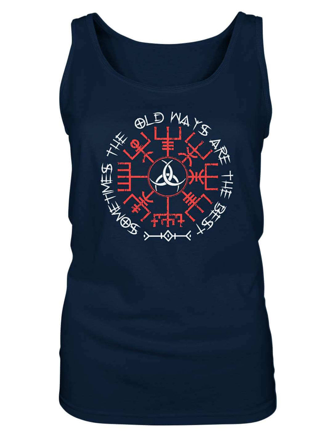 Ärmelloses Damen Tank Top in Navy von vorn mit rotem Zeichen und Triquetra