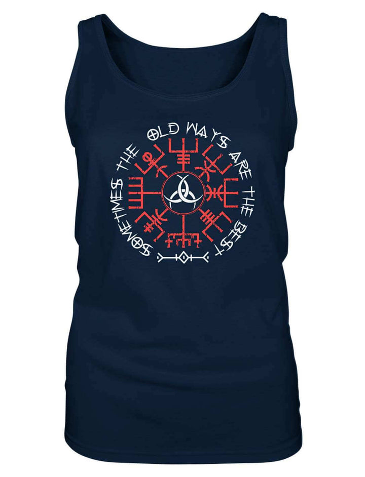 Ärmelloses Damen Tank Top in Navy von vorn mit rotem Zeichen und Triquetra