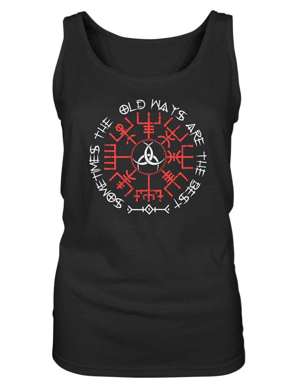 Ärmelloses Damen Tank Top in Schwarz von vorn mit Runenkreis und weißer Triquetra