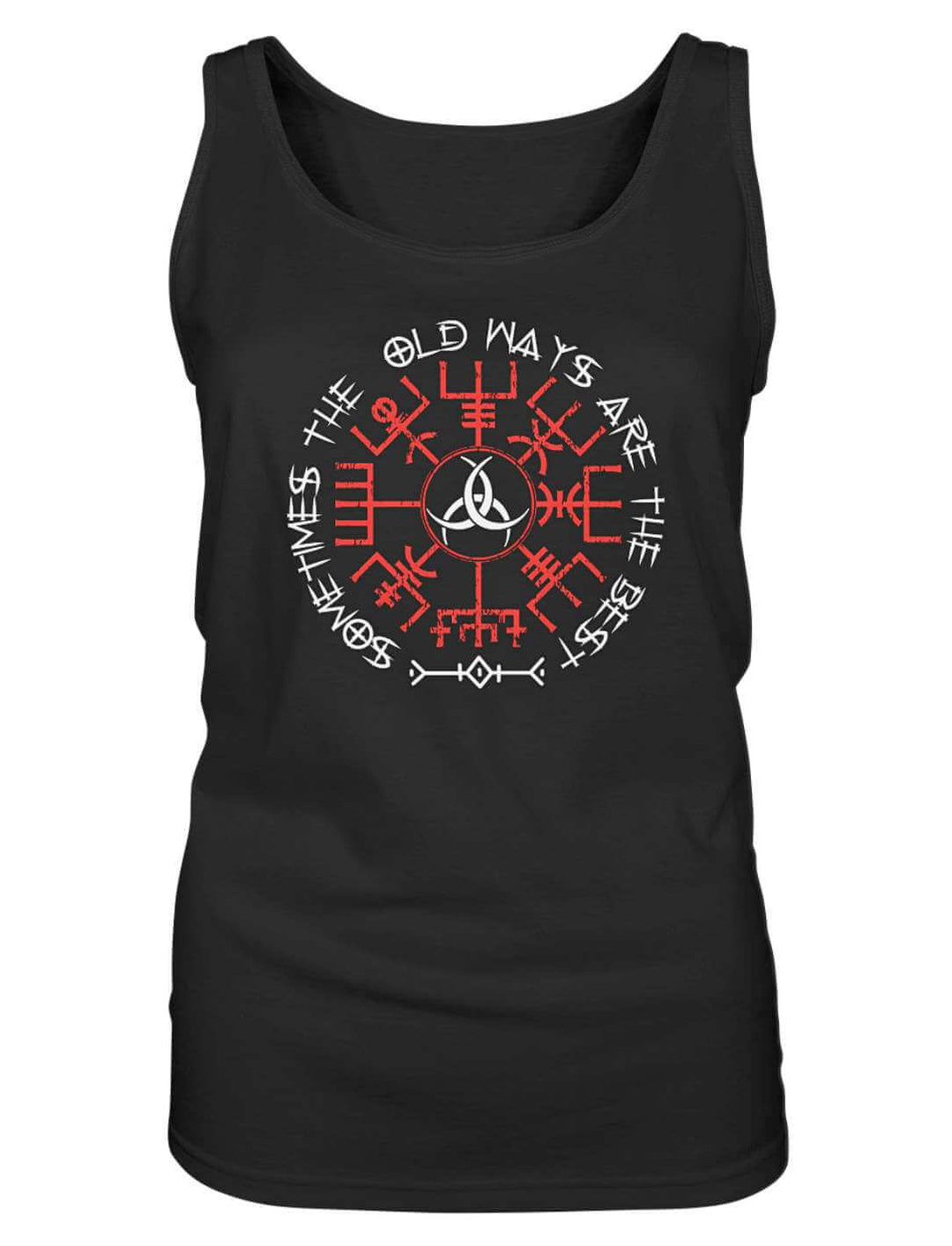 Ärmelloses Damen Tank Top in Schwarz von vorn mit Runenkreis und weißer Triquetra