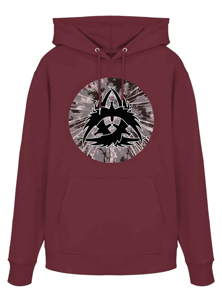 Burgunderroter Bio-Hoodie The Raven Clan mit Runental Rabenemblem