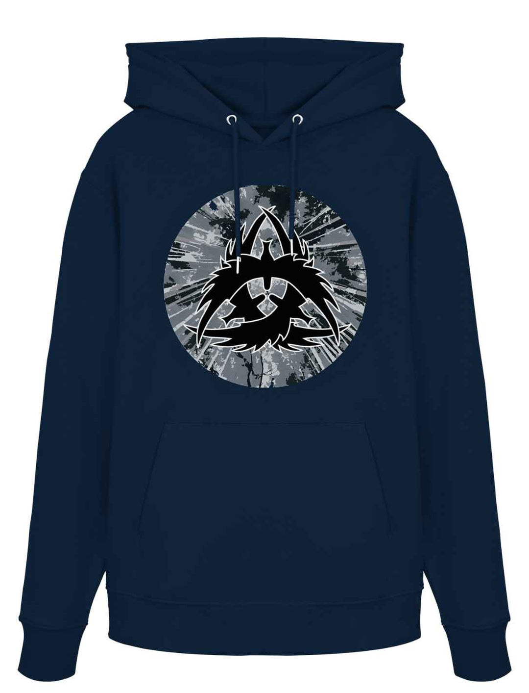 Dunkelblauer Bio-Hoodie The Raven Clan mit mystischem Raben-Symbol