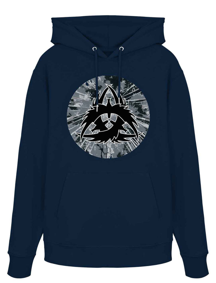 Dunkelblauer Bio-Hoodie The Raven Clan mit mystischem Raben-Symbol