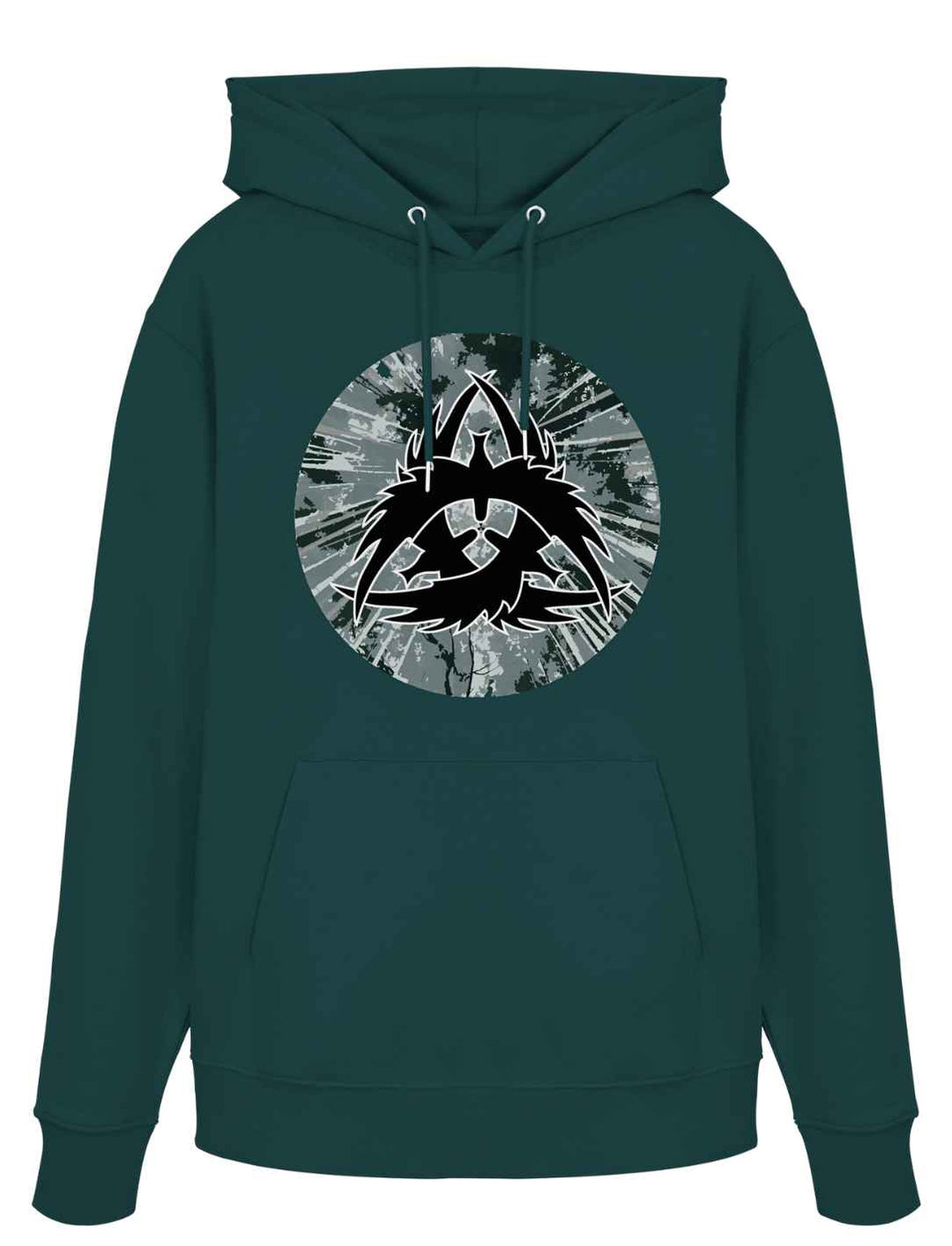 Tiefgrüner Bio-Hoodie The Raven Clan mit nordisch inspiriertem Rabenmotiv